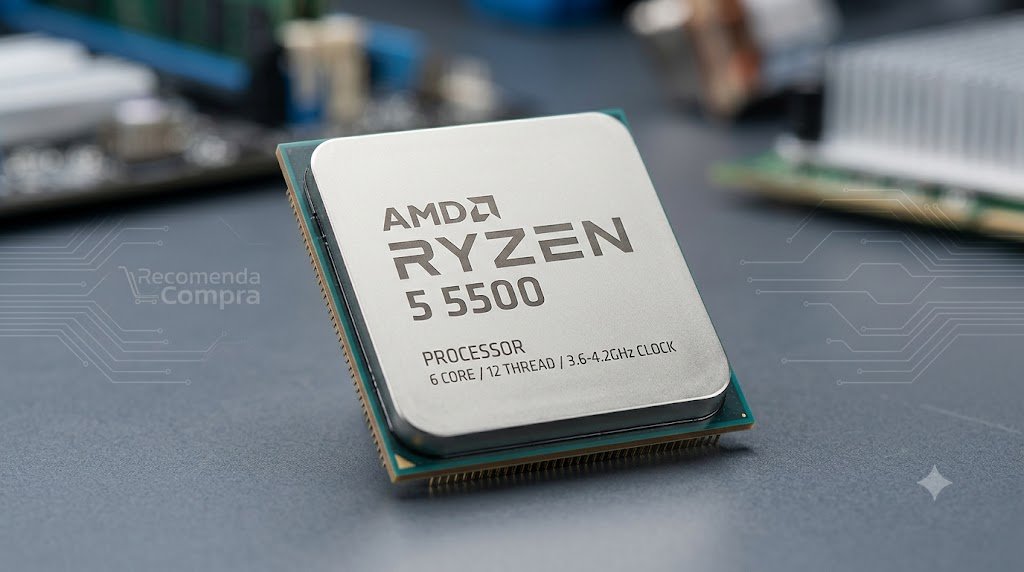 "Ilustrção conceitual de um processador AMD Ryzen 5 5500 gerada por IA"