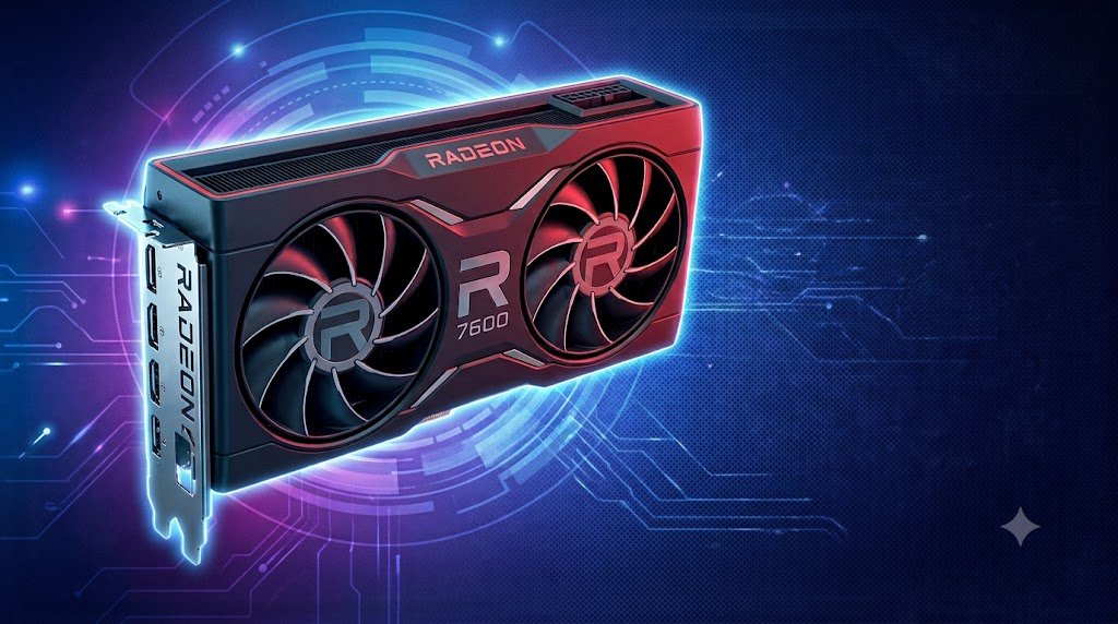 "Ilustrção conceitual de uma placa de video AMD Radeon RX 7600 gerada por IA"