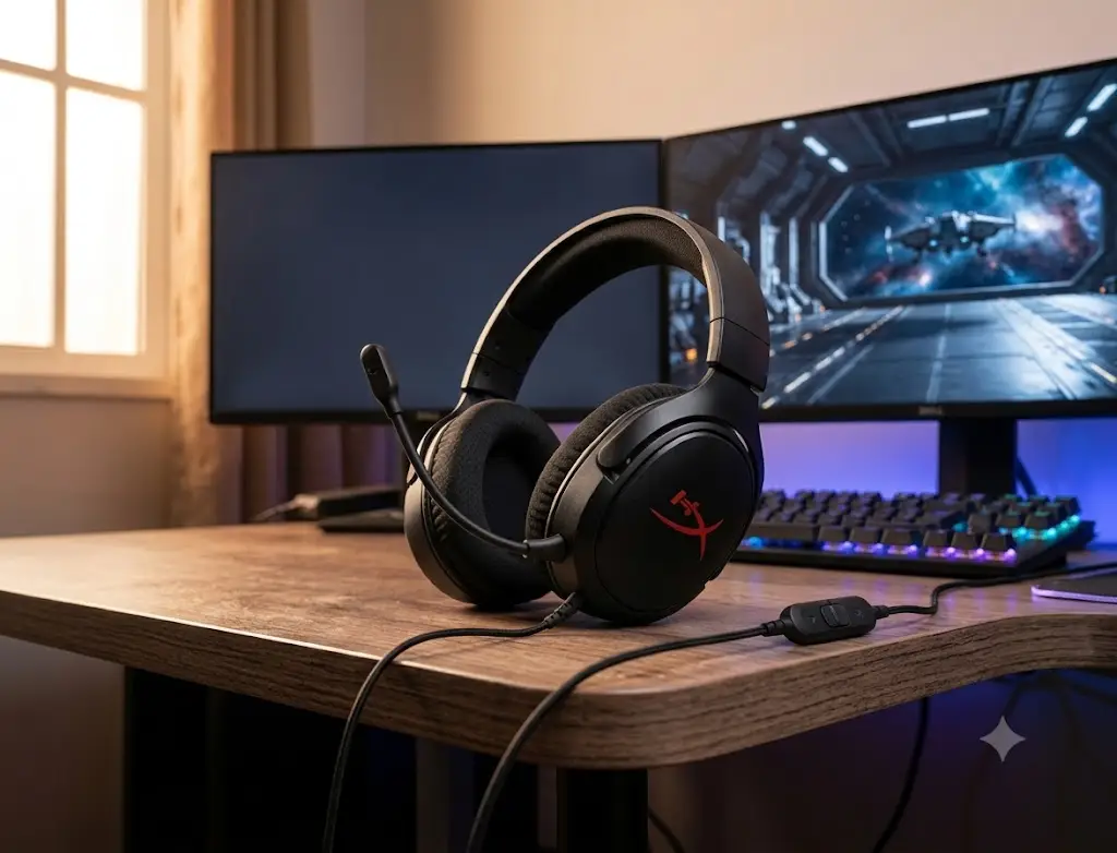 "Ilustrção conceitual de um headset HyperX Cloud Stinger 2 Core gerada por IA"