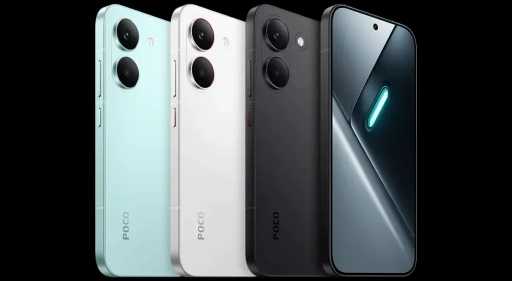 "Modelos de cores do smartphone Xiaomi POCO X8 Pro em exibição oficial."