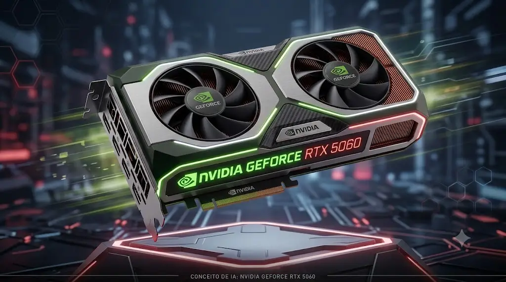 "Ilustrção conceitual de uma placa de video NVIDIA Geforce RTX 5060 gerada por IA"